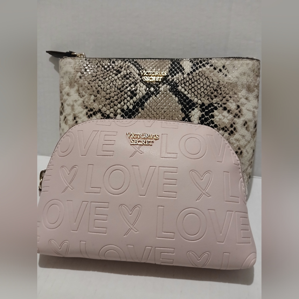 2x VICTORIA'S SECRET COSMETICS BAGS Pink Snake Skin Makeup Bags NEW